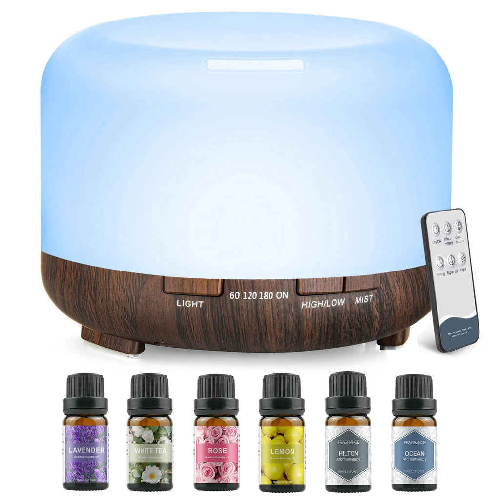 500ml (16.9 fl oz) Aromatherapy Oil Diffuser + 6 x 10ml (0.34 fl oz) Essential Oil Set - Lavender, Rose, Jasmine, Lemon, Hilton, Ocean