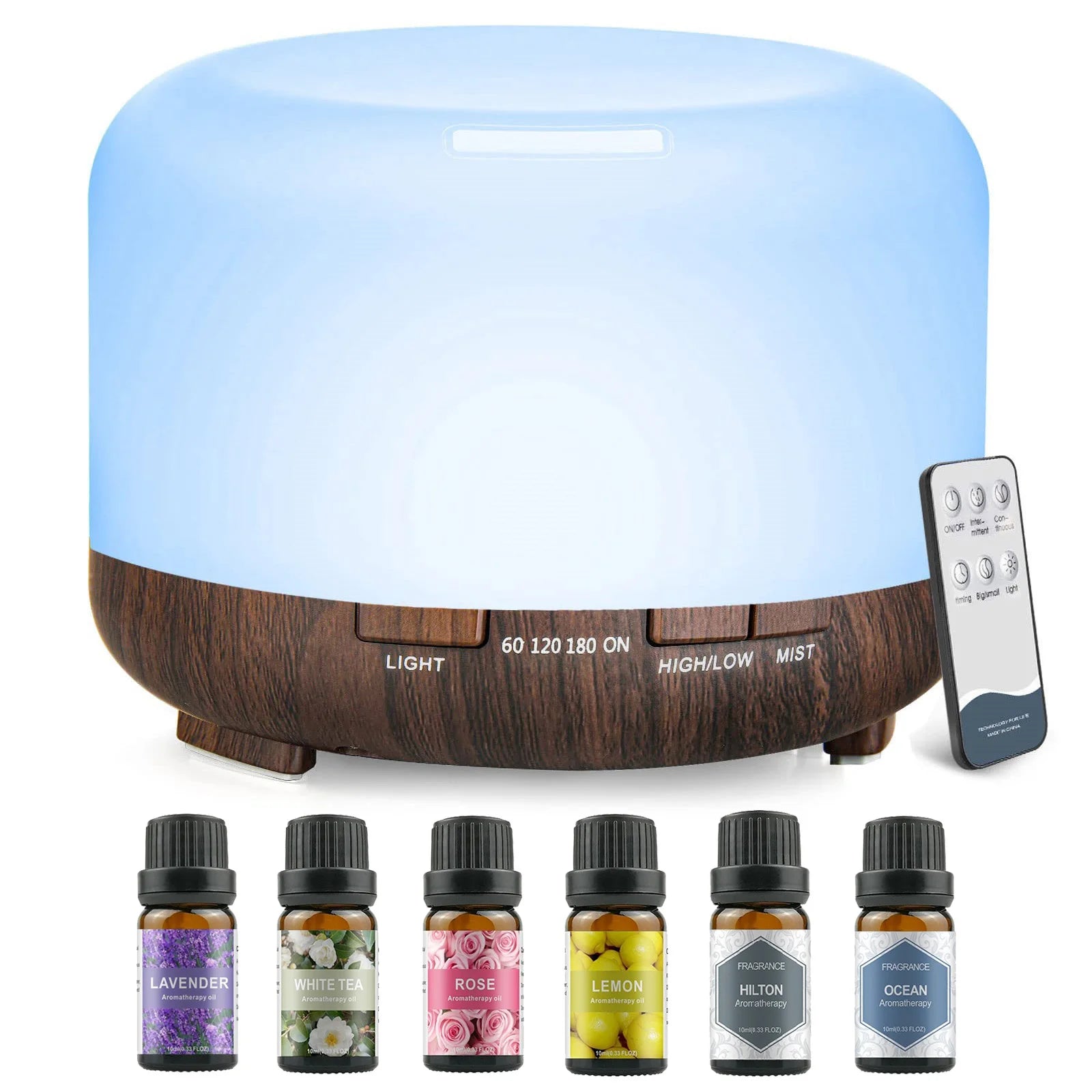 500ml (16.9 fl oz) Aromatherapy Oil Diffuser + 6 x 10ml (0.34 fl oz) Essential Oil Set - Lavender, Rose, Jasmine, Lemon, Hilton, Ocean