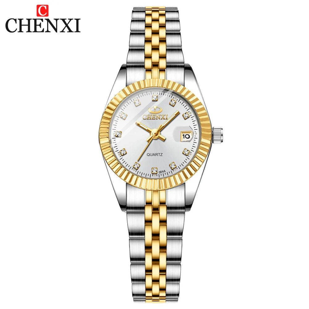 CHENXI Women's Gold Stainless Steel Quartz Watch – Small 26mm (1.02 in) Round Dial Dress Bracelet Wristwatch