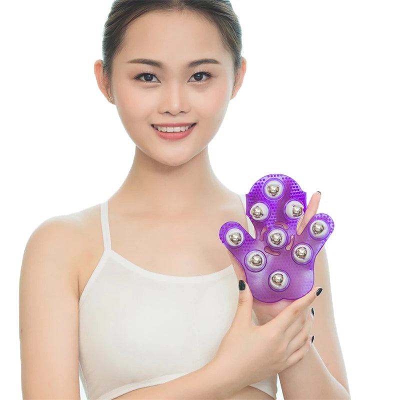 Palm-Shaped Handheld Body Massage Glove with 9 360° Metal Rollers for Muscle Relaxation