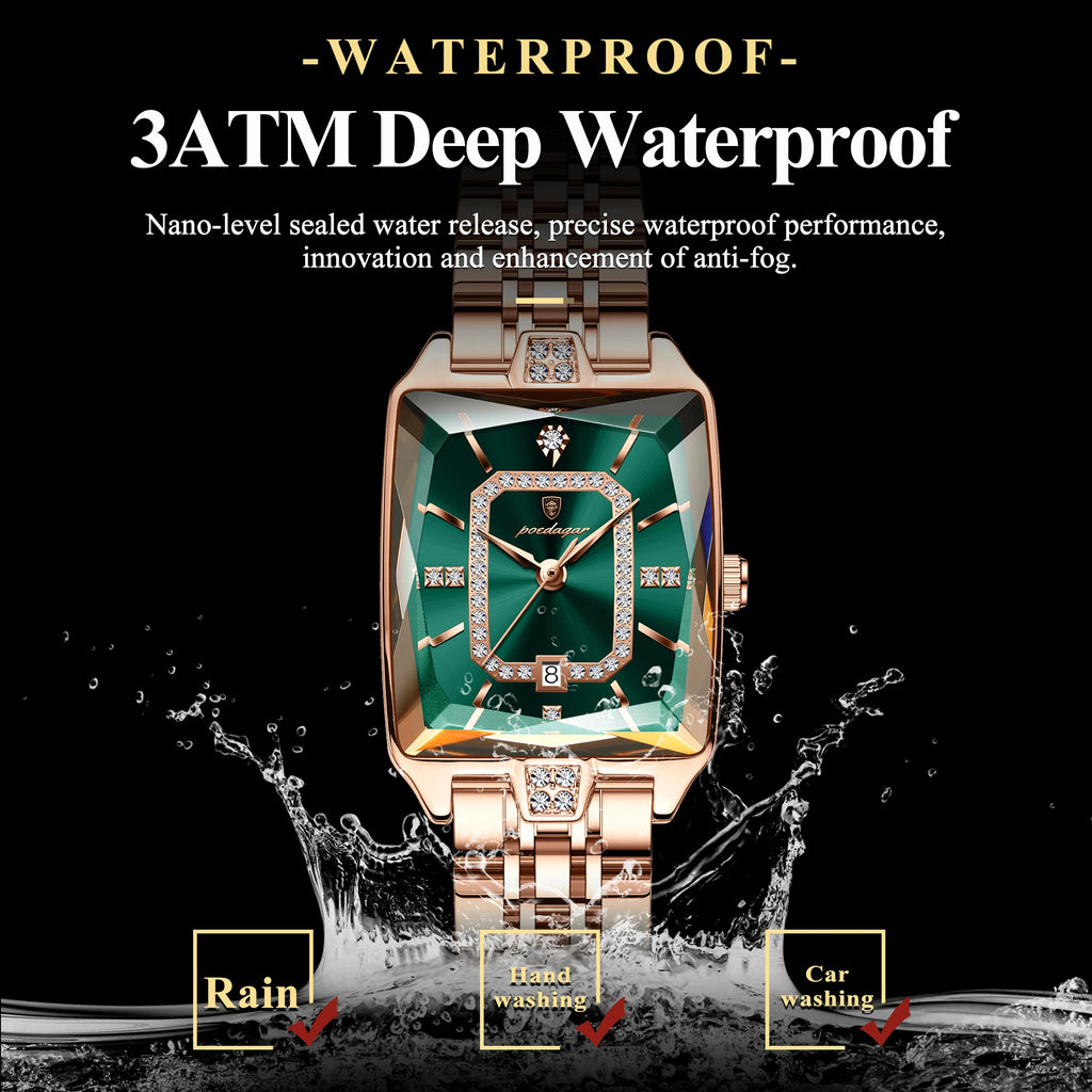 POEDAGAR Women’s Stainless Steel Quartz Watch – Rectangle Dial, Water-Resistant 3ATM with Date & Gift Box