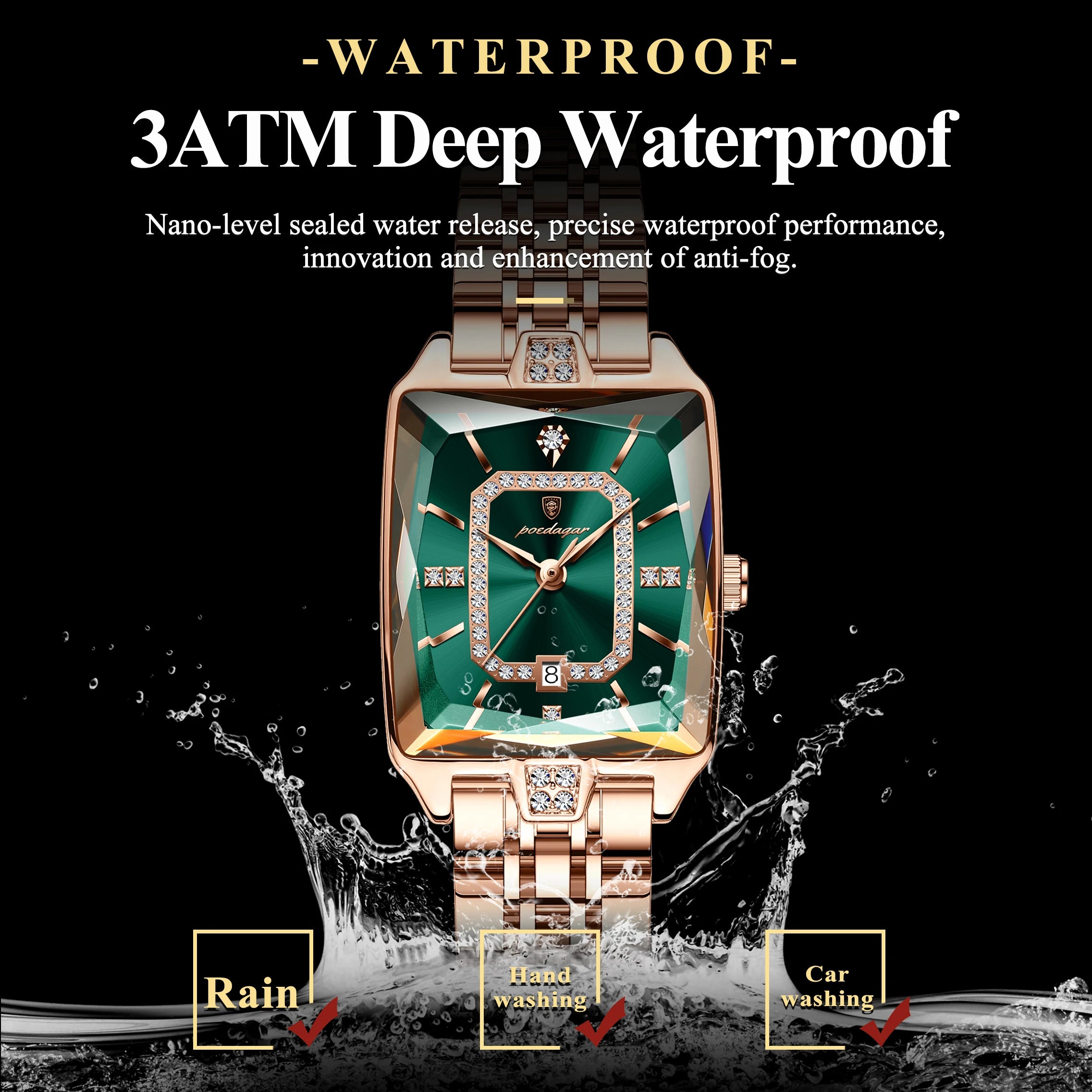 POEDAGAR Women’s Stainless Steel Quartz Watch – Rectangle Dial, Water-Resistant 3ATM with Date & Gift Box