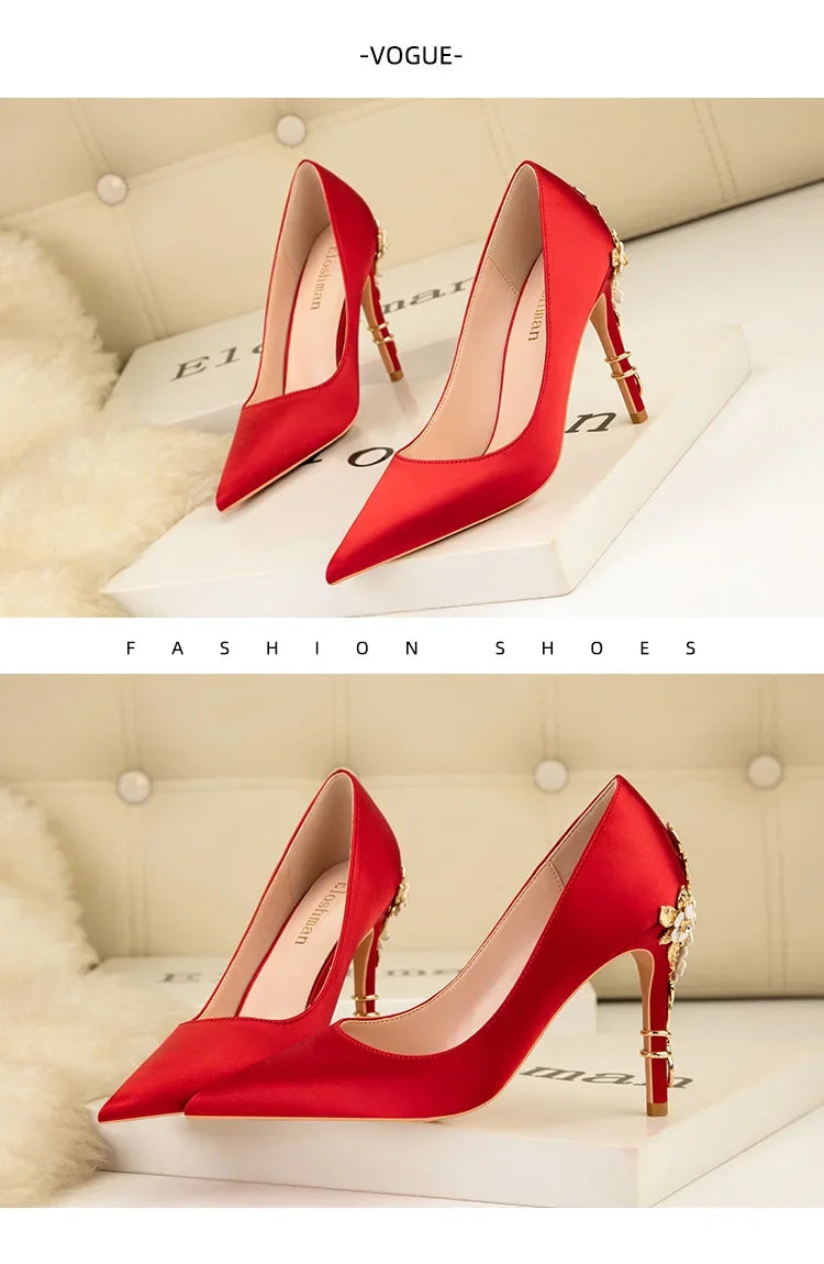 Women's Satin Pointed-Toe Stiletto Pumps with Metal Flower Detail — High Heel Wedding Shoes