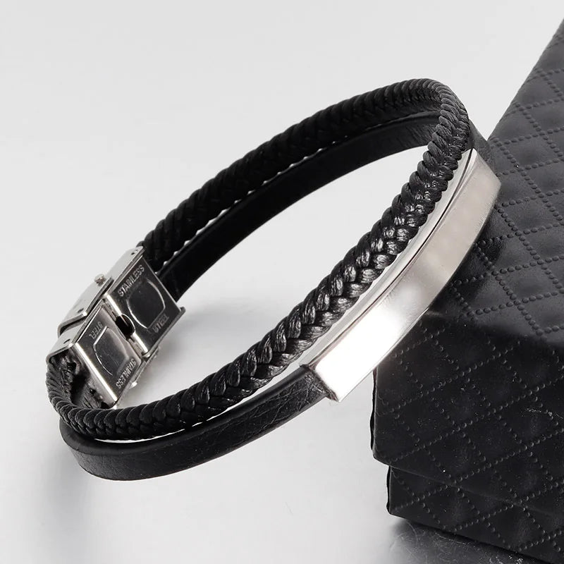 Men's Black Genuine Leather Double-Layer Braided Bracelet with Stainless Steel Accent – Sizes 18.5/20.5/22 cm (7.3/8.1/8.7 in)