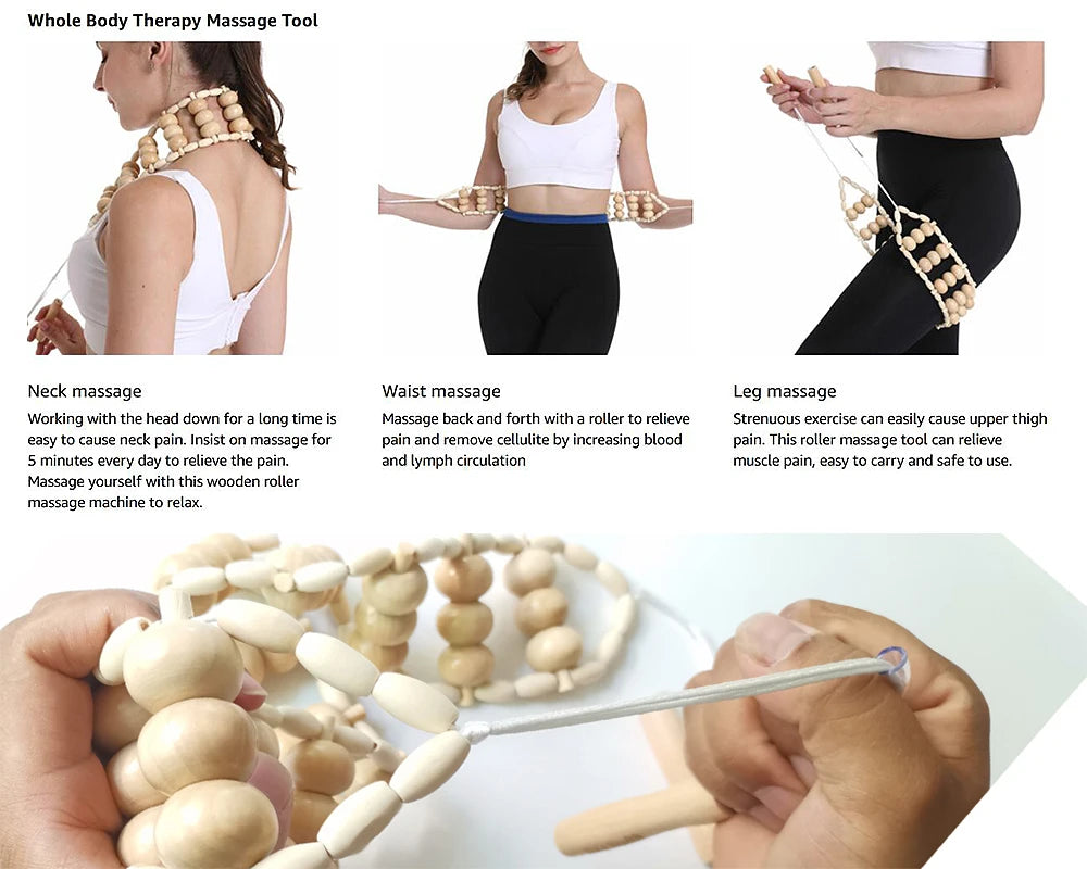 28 in (70 cm) Wooden Pull-Back Roller Rope — Manual Back Massager for Neck, Shoulders & Legs, Cellulite Relief