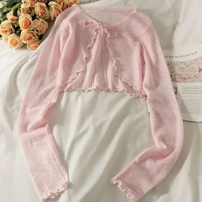 Women's Lace-Up Bow Crop Cardigan - V-Neck Knit Long Sleeve Korean Aesthetic Top