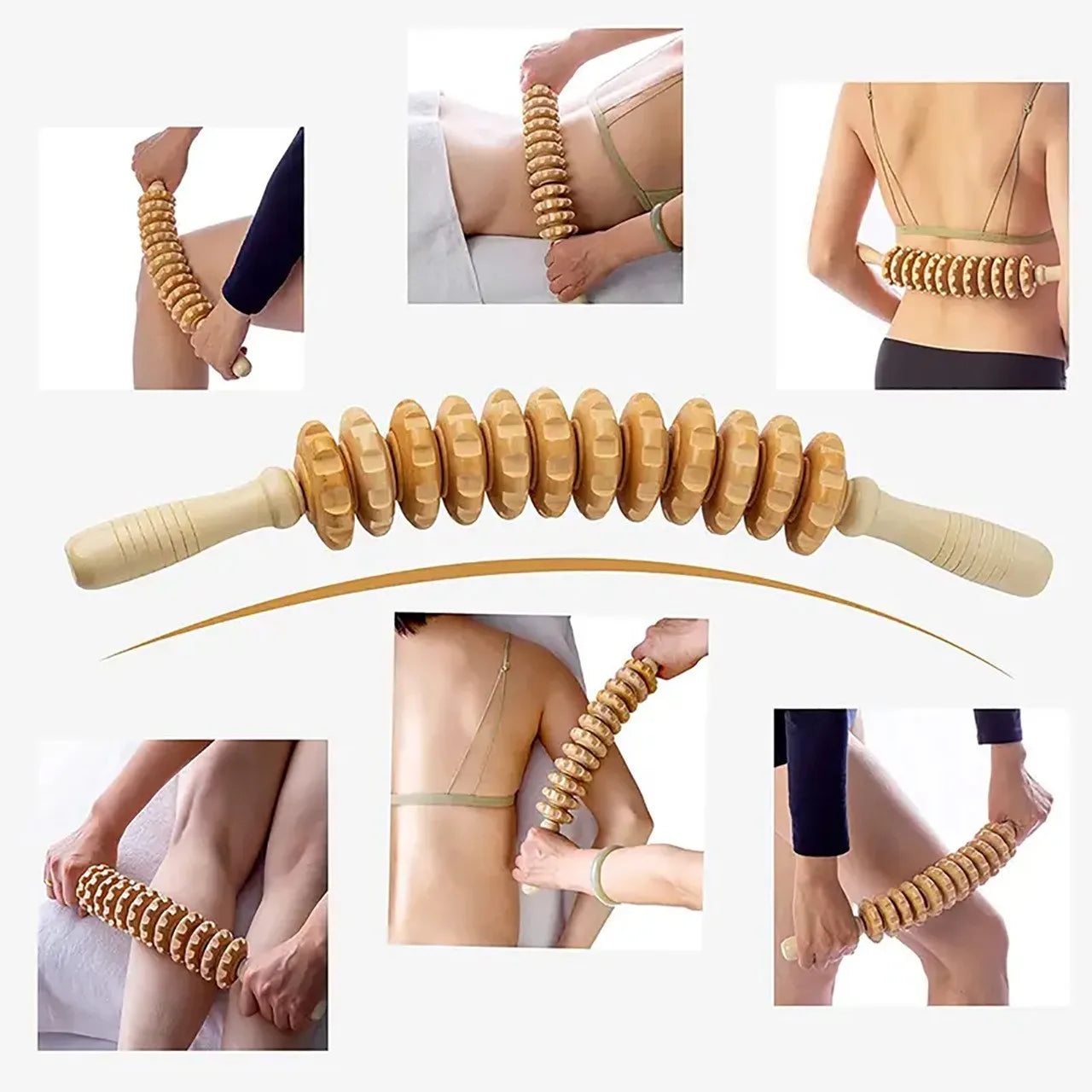 9-Roller Wooden Fascia Massager – Handheld Anti-Slip Muscle Roller for Back, Legs, Thighs & Buttocks