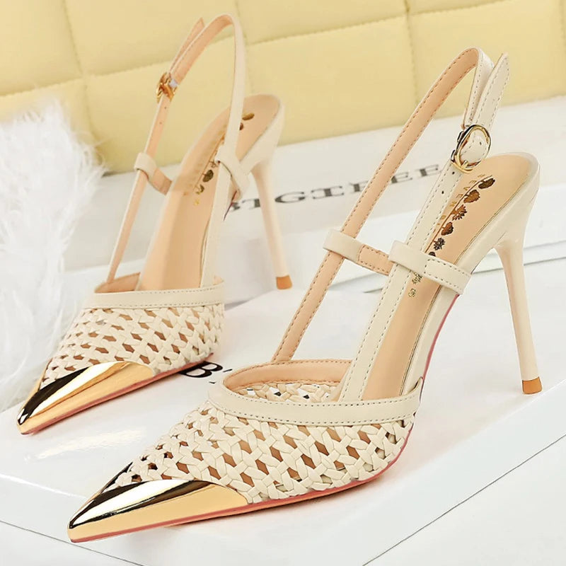 Woven Hollow Pointed-Toe Stiletto Pumps for Women – 9.5 cm (3.7 in) Buckle High Heels, Summer Party Sandals