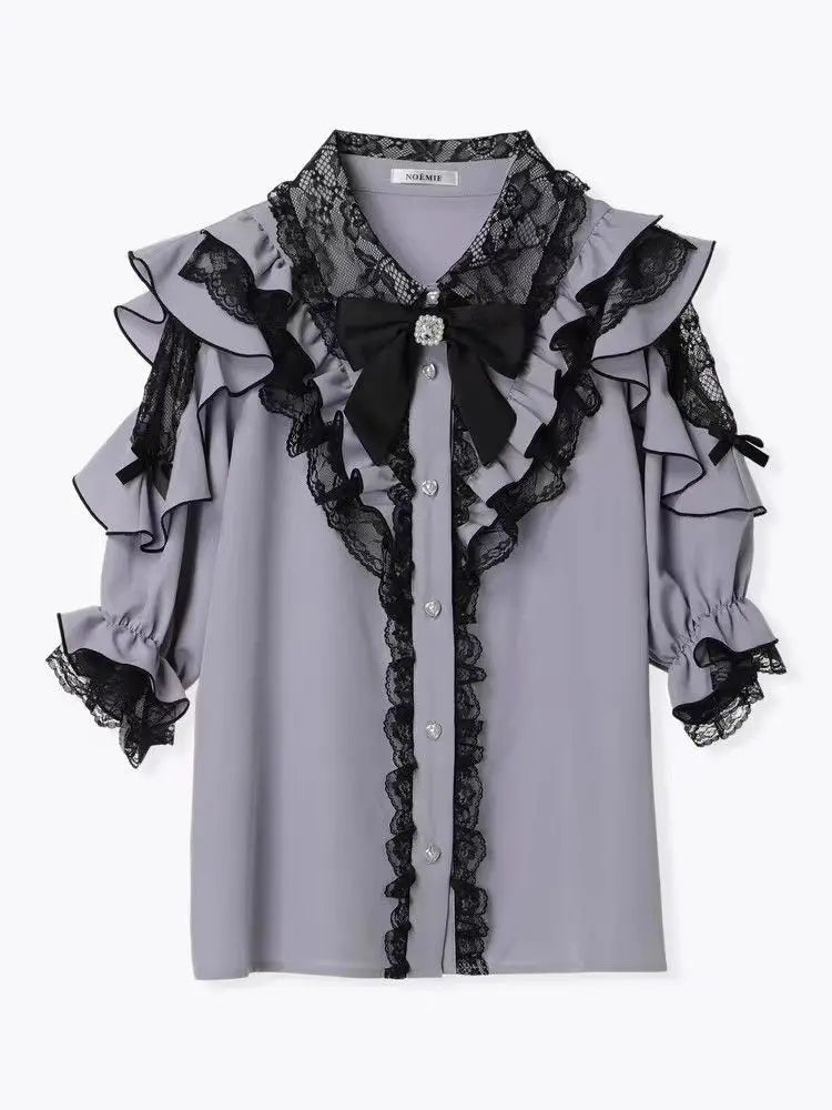 Noemi-Inspired Ruffle Bow Off-Shoulder Lace Blouse — Yami Kawaii Lolita Bell Sleeve Top
