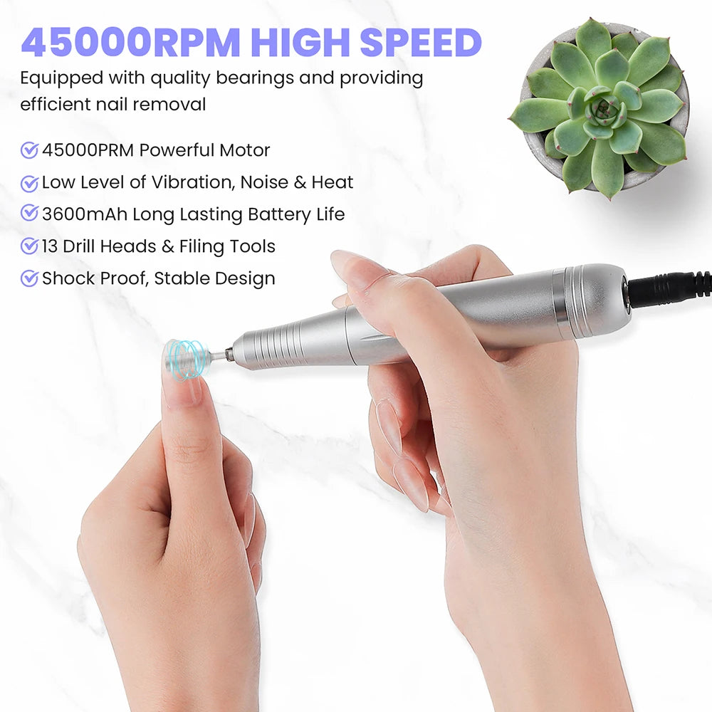Rechargeable 45000RPM Portable Nail Drill Kit – Wireless Manicure & Pedicure Grinder with 6 Bits and 6 Sanding Bands