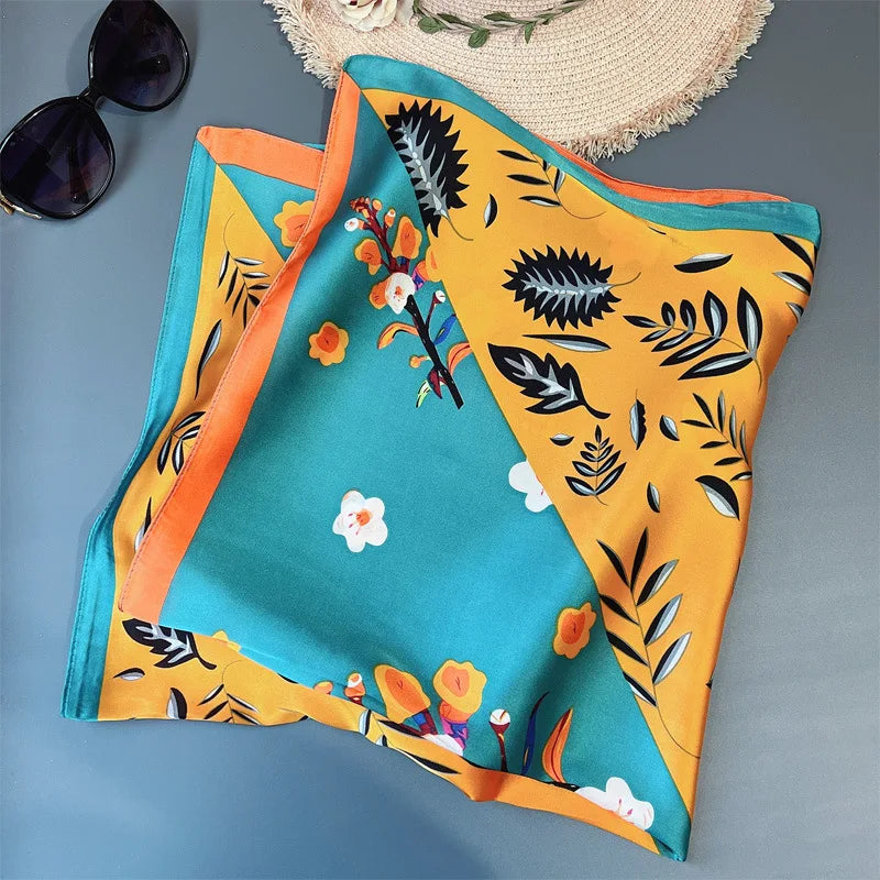 70 x 70 cm (27.6 x 27.6 in) Floral Satin-Look Polyester Square Scarf - Women's Headscarf, Hijab, Hair Band & Wrist Wrap