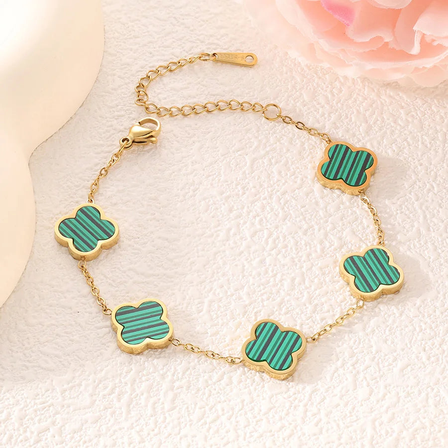 Four-Leaf Clover 18K Gold-Plated Stainless Steel Bracelet with Mother-of-Pearl, Non-Fading Women's Charm