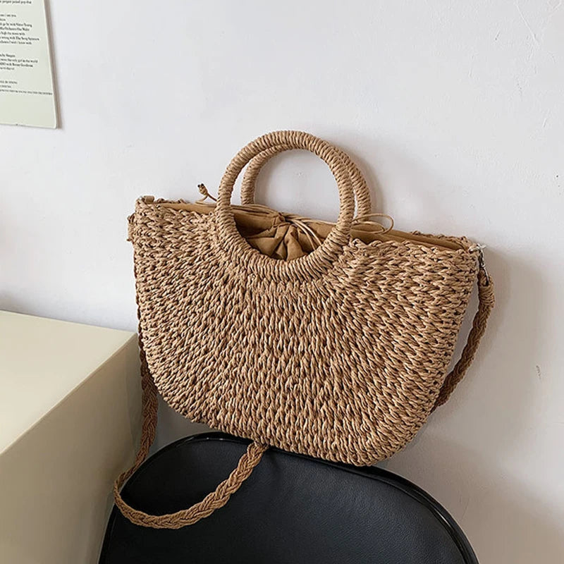 Handmade Straw Woven Bucket Tote Bag for Women – Boho Beach, Travel & Shopping Bag