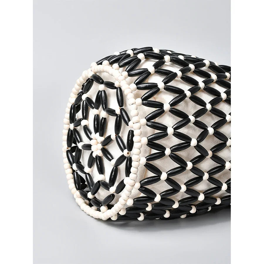 Woven Hollow-Out Bucket Shoulder Bag with Wooden Bead Handle - Netted Canvas Beach Tote for Women