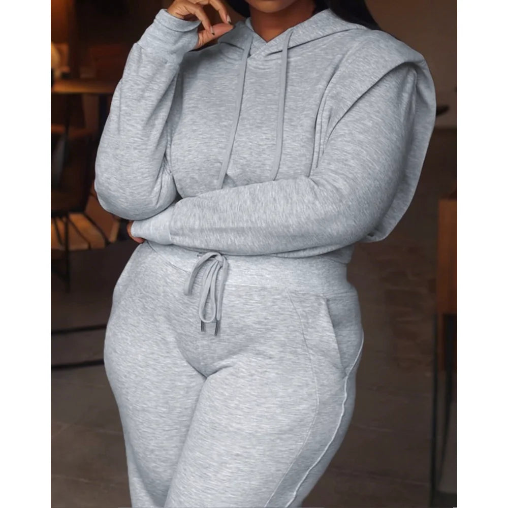 Women's Two-Piece Tied-Detail Hooded Long-Sleeve Sweatshirt & Wide-Leg Sweatpants Set - Casual Autumn/Winter Loungewear