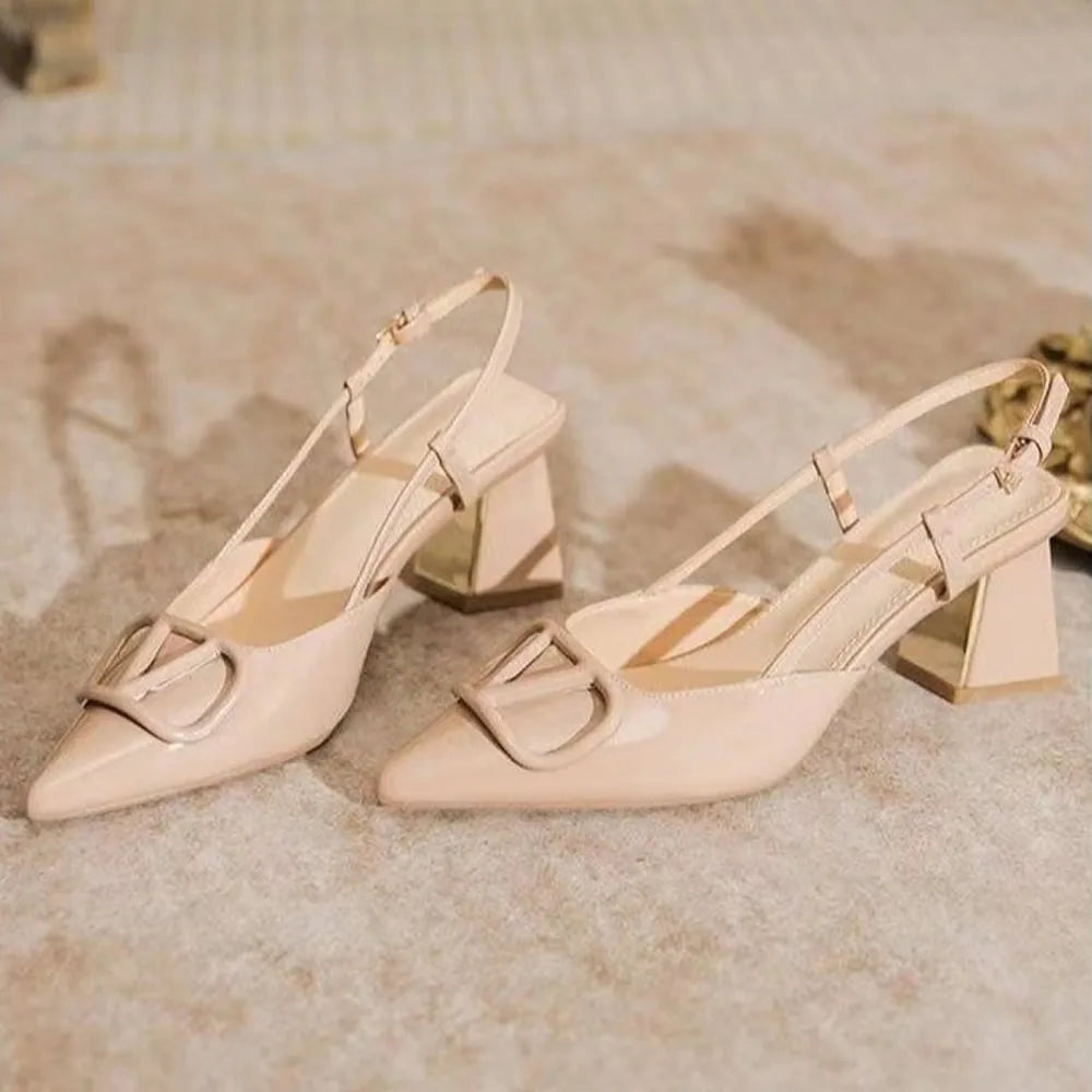 Women’s Pointed Toe Slingback Sandals – Square Mid Heel 5-8 cm (2.0-3.1 in), PU Platform Ankle Strap