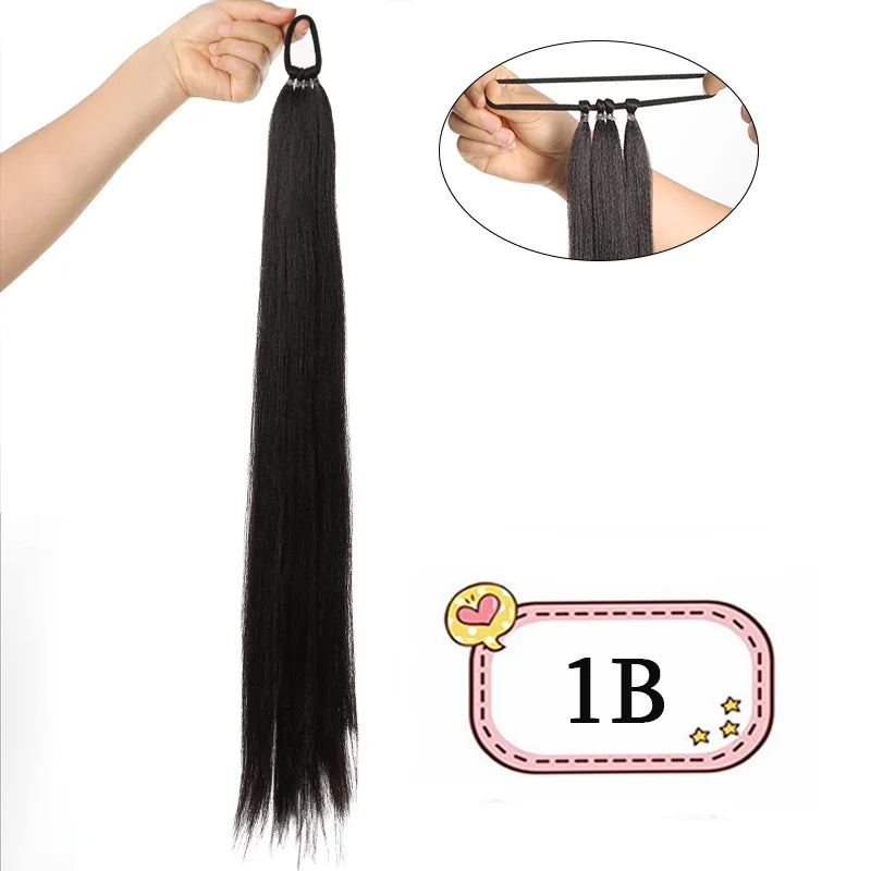 28-Inch (71 cm) Synthetic Ponytail Extension with Elastic Band - Braided Wraparound Hairpiece, Silky Straight Heat-Resistant Fiber, Black/Brown