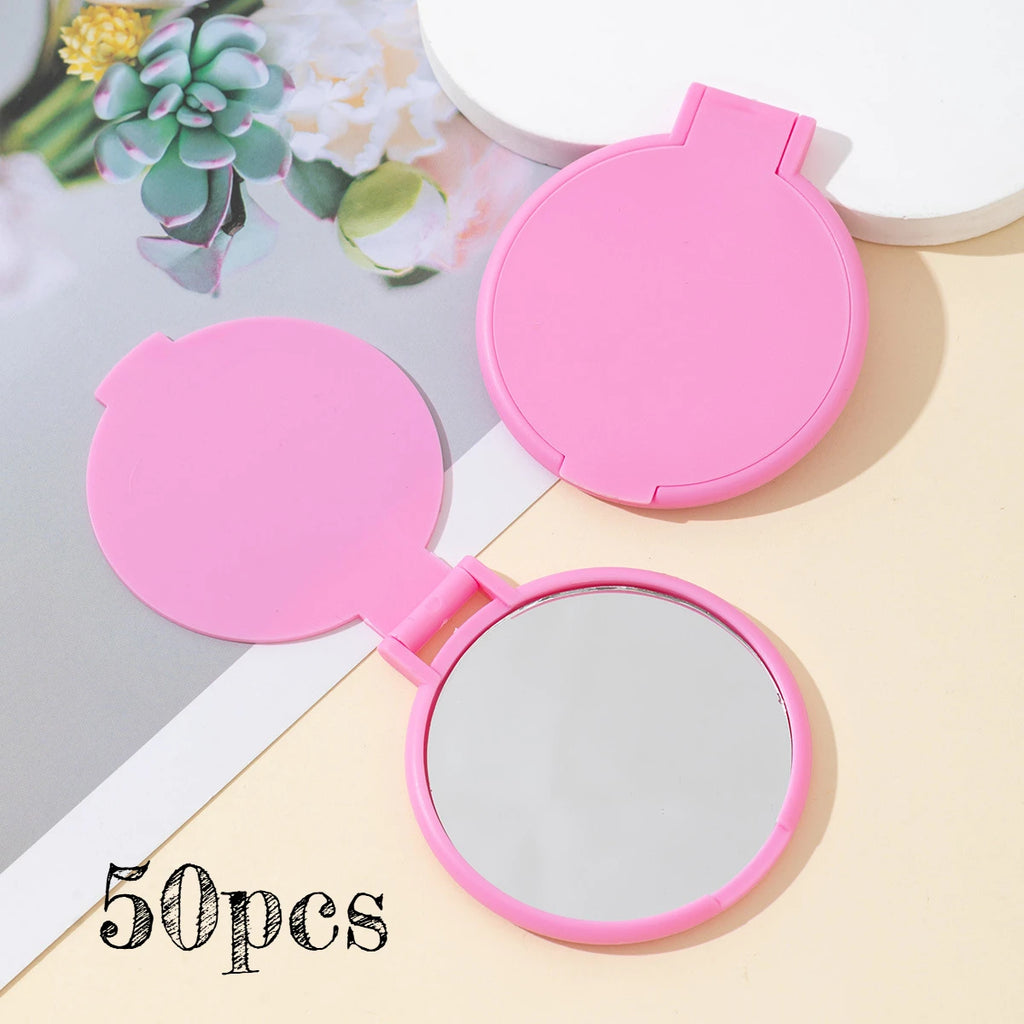 50-Pack Mini Foldable Round Makeup Mirrors - Portable Compact Travel Mirrors for Women, Polished Glass, Floor-Mount