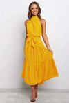 Summer Floral Halter Lace-Up Maxi Dress – Sleeveless Ankle-Length Beach Casual