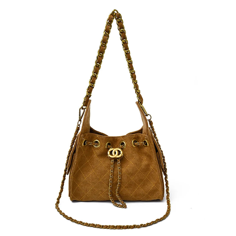 Biker Rhombus Chain Bucket Bag - Retro Faux Suede Crossbody Shoulder Bag for Women