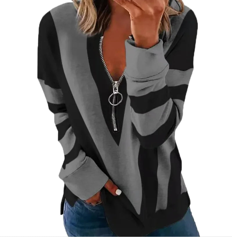 Women’s Striped V-Neck Zipper Blouse — Loose Long Sleeve Casual Top for Autumn Winter