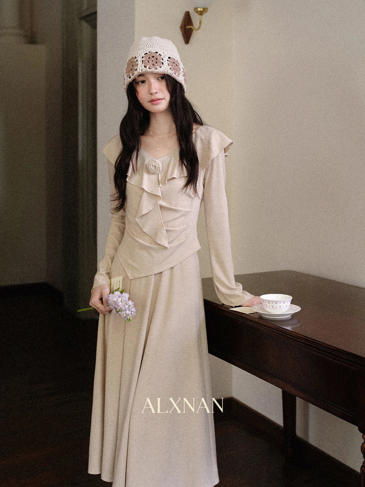 ALXNAN Oatmeal Ruffled V-Neck Knit Midi Dress - Women's Casual A-Line Layered Look