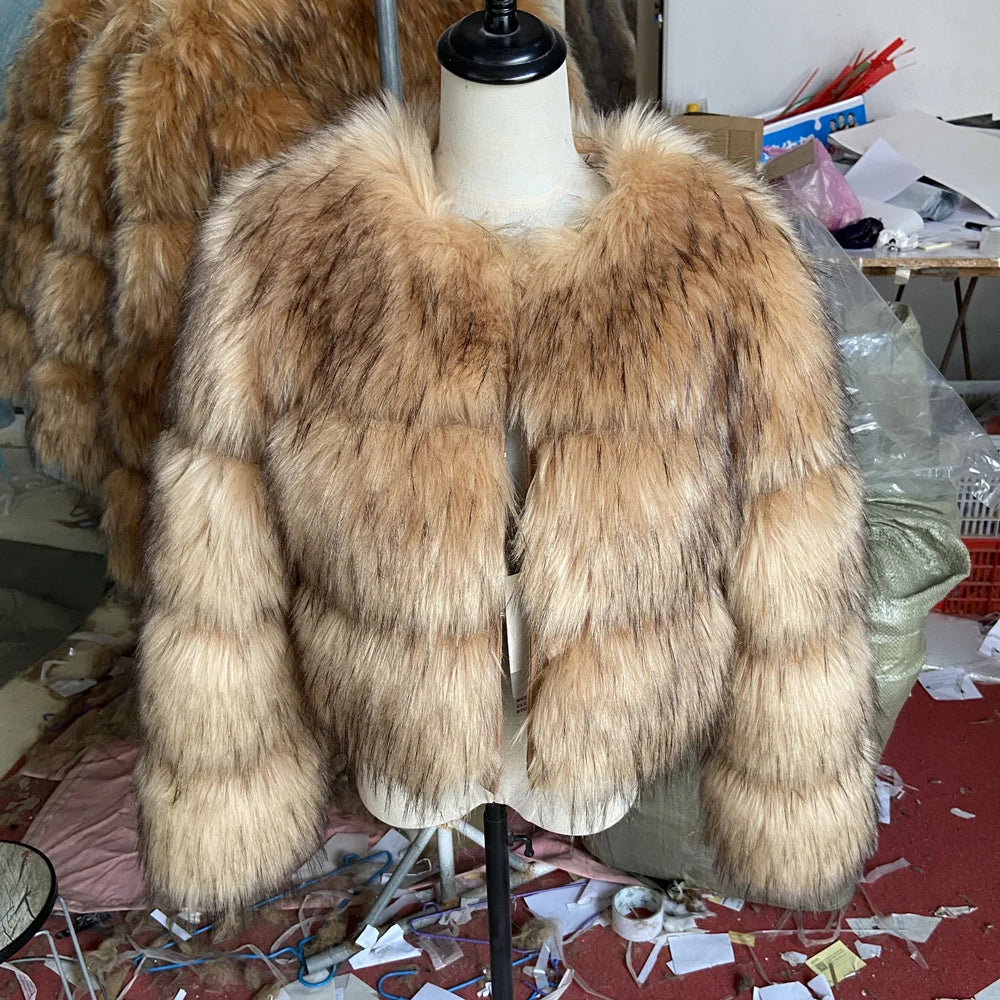 Light Brown Faux Fur Coat — Women's Short Raccoon-Style Winter Jacket with Quilted Lining
