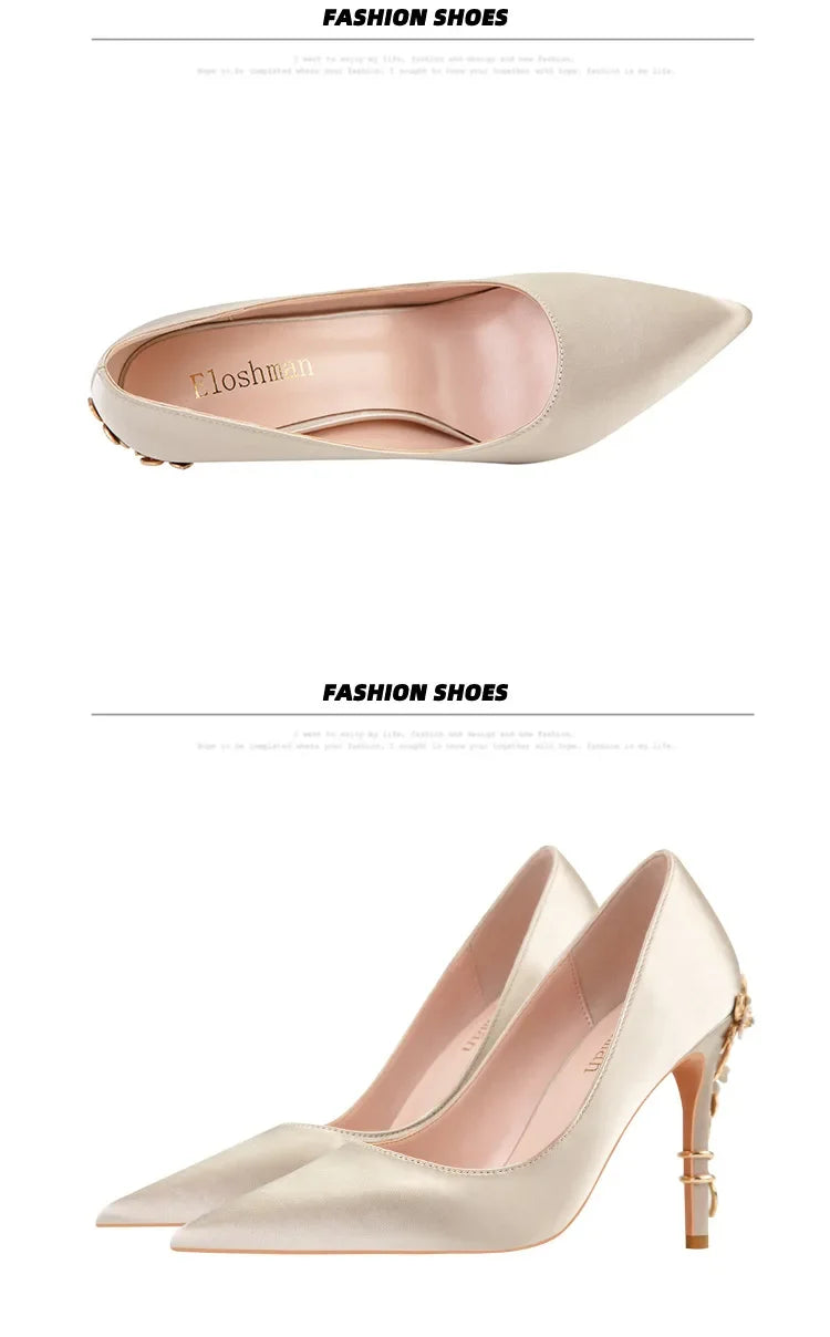 Women's Satin Pointed-Toe Stiletto Pumps with Metal Flower Detail — High Heel Wedding Shoes