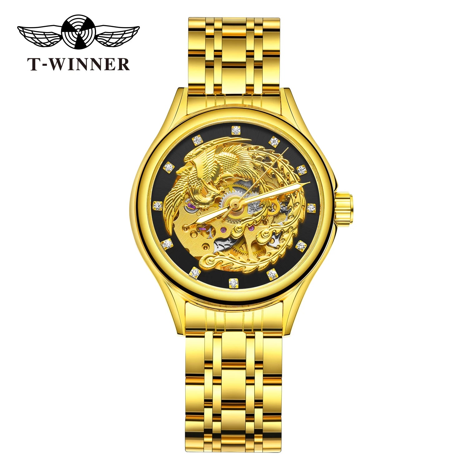 Golden Phoenix Skeleton Dial Automatic Women's Watch Stainless Steel Waterproof Luxury