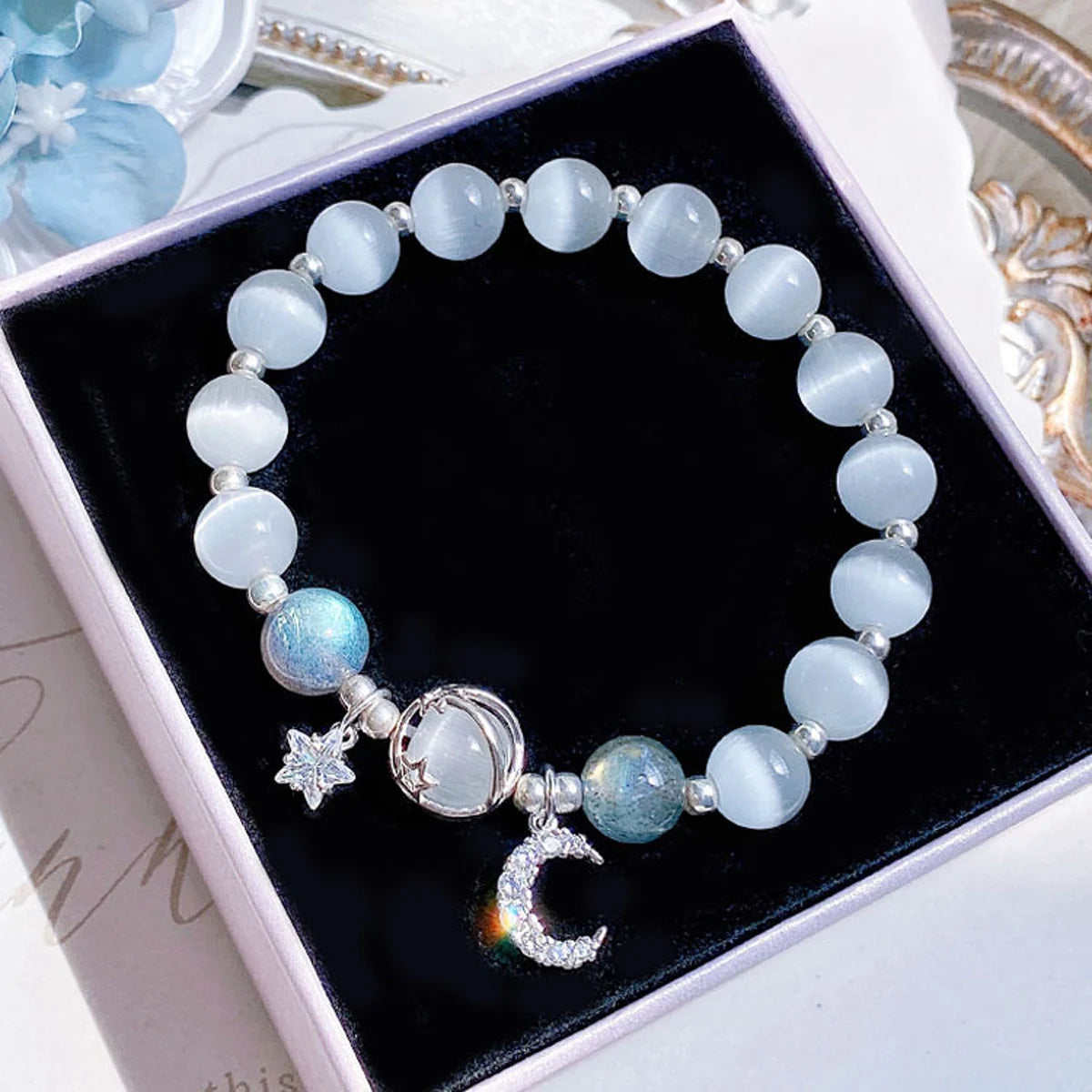 Starry Cat Eye Stone Bracelet for Women, Grey Moonlight Star & Moon Crystal, Silver-Plated Copper