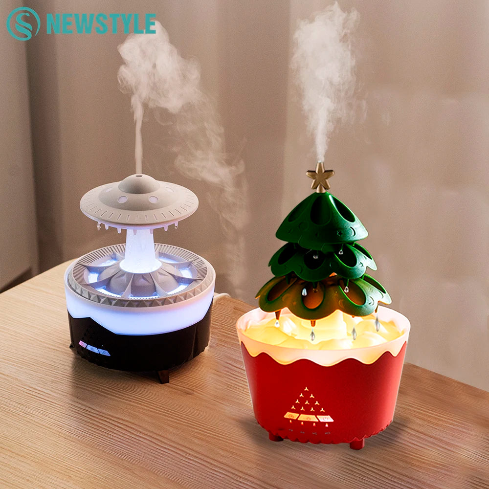 Remote-Controlled Aroma Diffuser Humidifier with RGB Night Light – UFO, Raindrop & Christmas Tree Designs for Home & Office