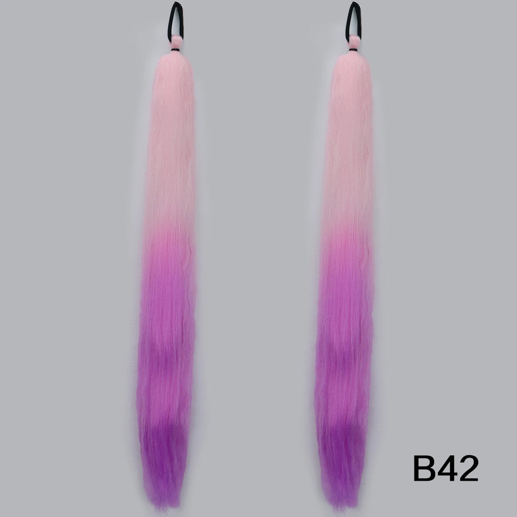 Braided Synthetic Ponytail Extension with Elastic Band – Long Kinky Straight High-Temp Hairpiece for Women & Girls (Pink Purple Blue)