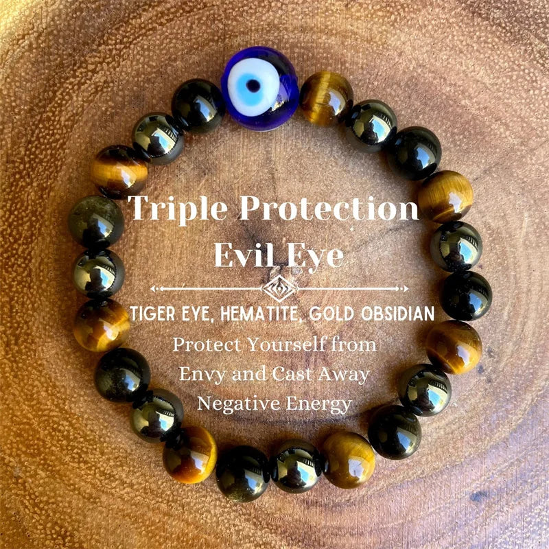 Triple Protection Bracelet - Blue Tiger's Eye & Black Obsidian Evil Eye Handmade Stretch Beaded Bracelet