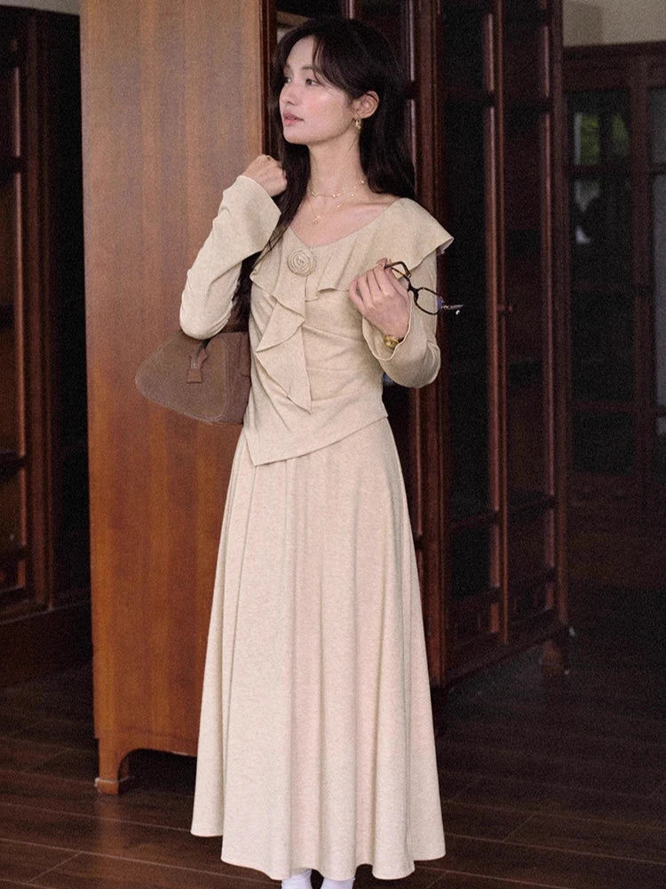 ALXNAN Oatmeal Ruffled V-Neck Knit Midi Dress - Women's Casual A-Line Layered Look