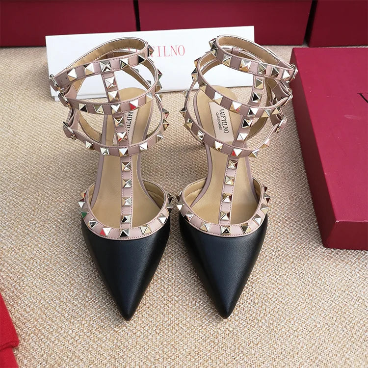 Women's Gladiator High-Heel Sandals - Black Patent Leather 3-Strap Ankle Strap Rivet Designer Heels