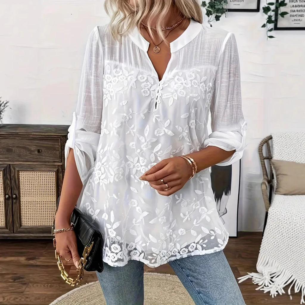 Women's White Lace V-Neck Pullover Top Hollow-Out Casual Loose Blouse for Office & Summer