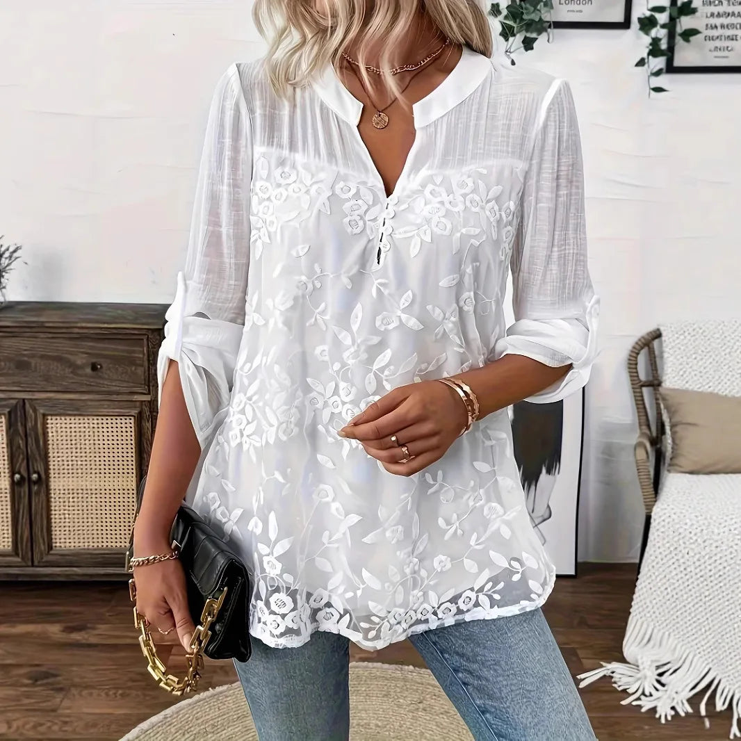 Women's White Lace V-Neck Pullover Top Hollow-Out Casual Loose Blouse for Office & Summer