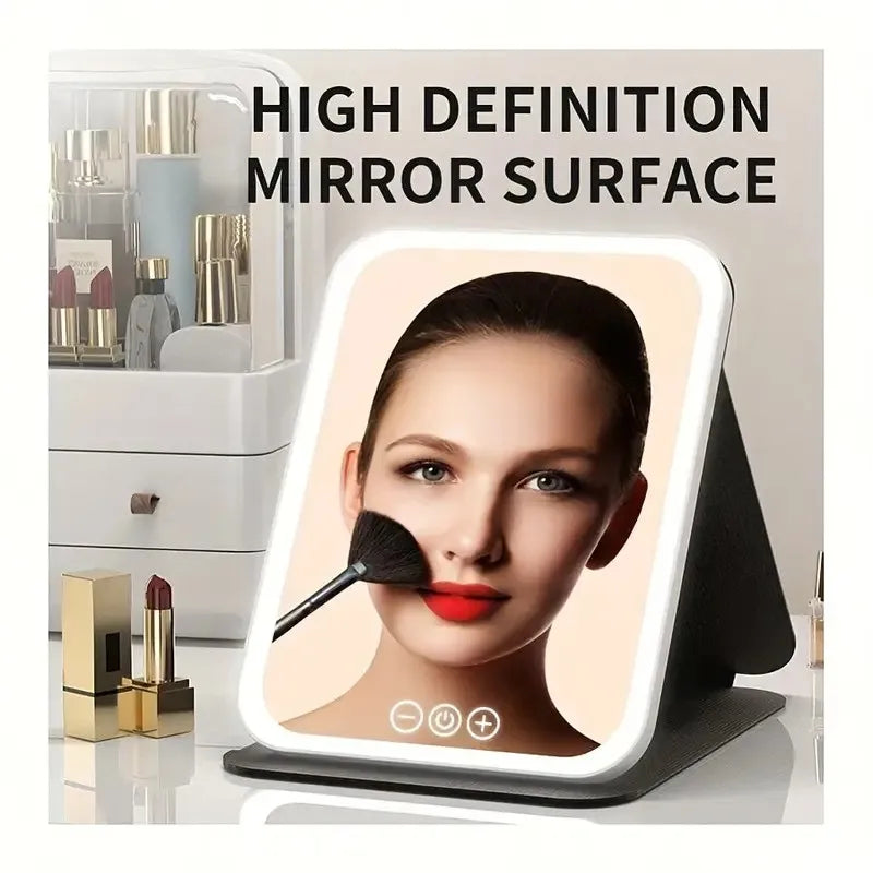 Portable Rechargeable Lighted Makeup Mirror, 3-Color Dimmable Touchscreen LED Vanity Mirror, Foldable Tabletop for Travel