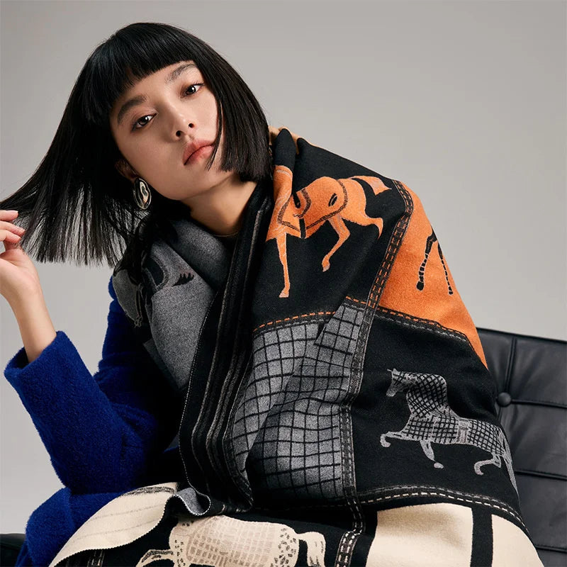 Women's Soft Cashmere Pashmina Scarf 180 x 65 cm (71 x 25.6 in) Plaid Horse Print Tassel Wrap Shawl