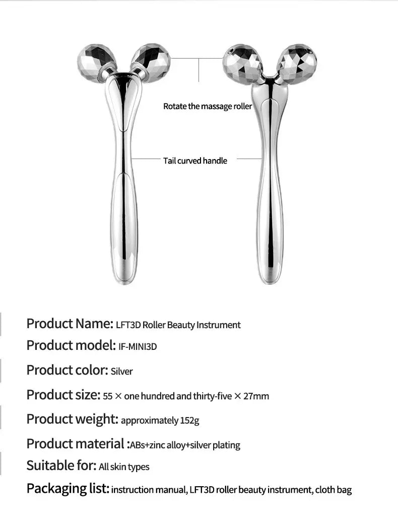 RUZOFO 3D V-Shape Facial Roller Massager — Portable Waterproof Face & Full-Body Lifting Roller, Electroplated Silver