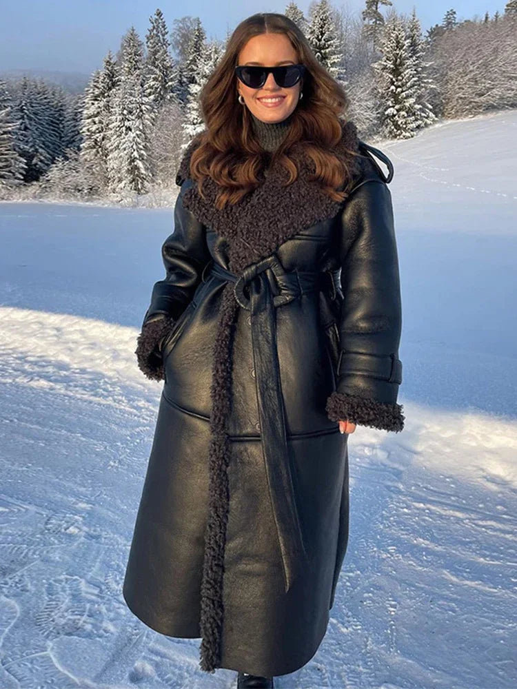 Faux Fur Leather Patchwork Long Coat for Women, Lapel Collar Belted Cotton-Lined Winter Jacket