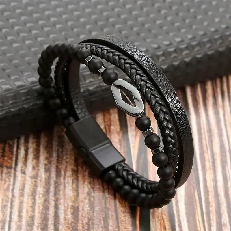 Men's Multi-Layer Woven Leather Bracelet with Alloy Magnetic Buckle - Punk Style, 19/21/23 cm (7.5/8.3/9.1 in)