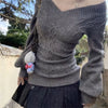 Vintage V-Neck Knit Sweater for Women – Slim Long Sleeve Pullover, Gray
