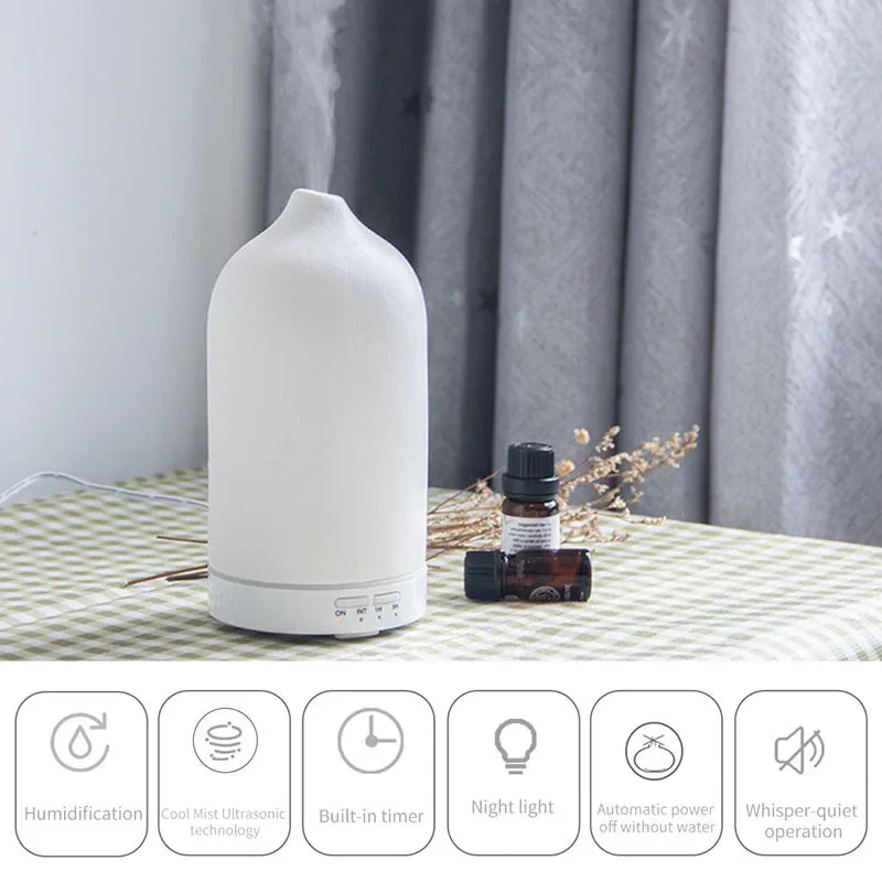 Ceramic Ultrasonic Aromatherapy Diffuser - Cool Mist Humidifier with Timer, Night Light & Auto-Off
