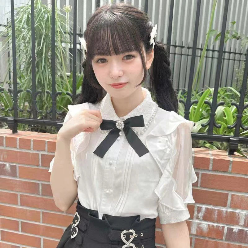 Kawaii Jirai Kei Lolita Y2K Japanese Style Blouse with Peter Pan Collar Long Sleeve Sweet Aesthetic Top for Women