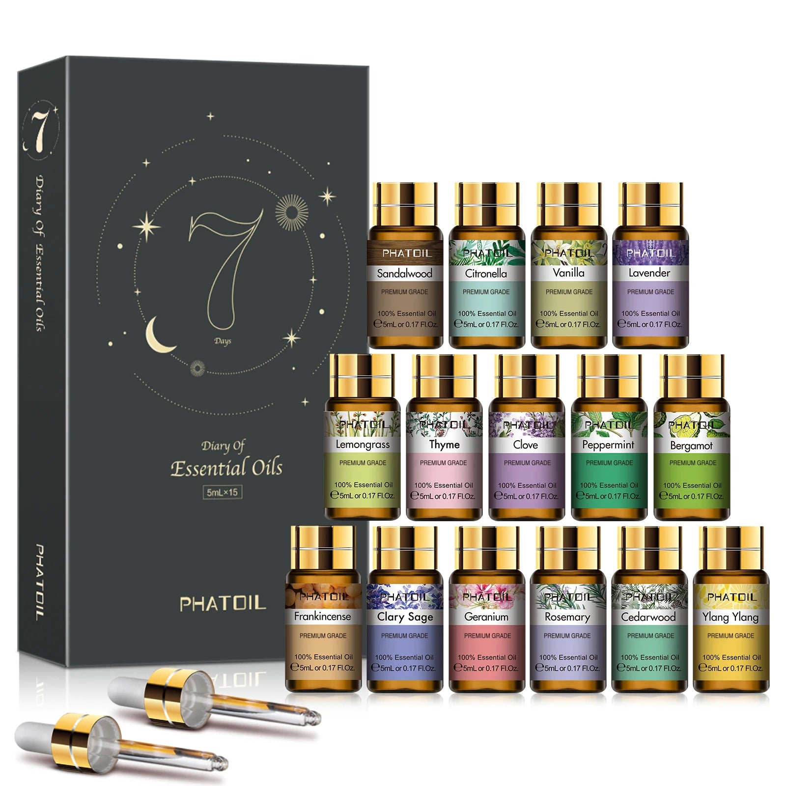 15-Piece Pure Essential Oils Set 5ml (0.17 fl oz) – Aromatherapy Oils for Diffusers, Humidifiers & Candle Making – Lavender, Vanilla, Peppermint, Rosemary