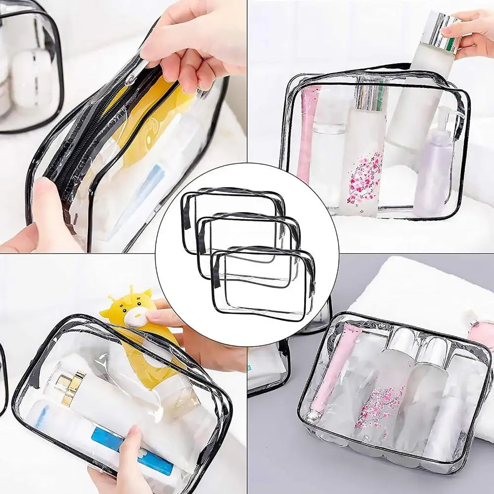Women's Clear Waterproof Makeup Bag – Zippered PVC Travel Toiletry Case (3 Sizes)