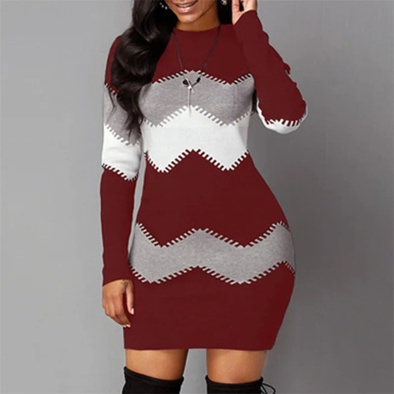 Women's Patchwork Rib Knit Turtleneck Sweater Mini Dress Long Sleeve Warm Casual A-Line