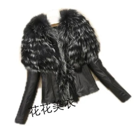 Women's PU Faux Leather Coat with Faux Raccoon Fur Trim Loose Streetwear Jacket Autumn Winter