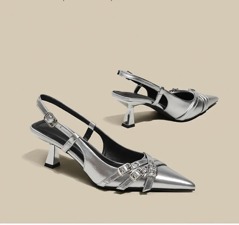 Pointed Toe High Heel Sandals for Women – Roman Slip-On Square Heel Dress Sandals